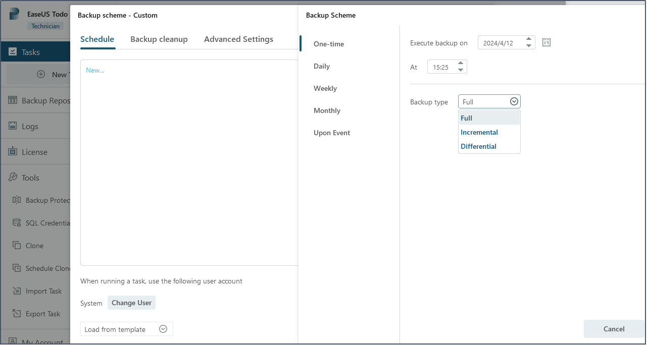 użyj funkcji tworzenia kopii zapasowych Easyus Todo, aby zaplanować kopię zapasową bazy danych mssql