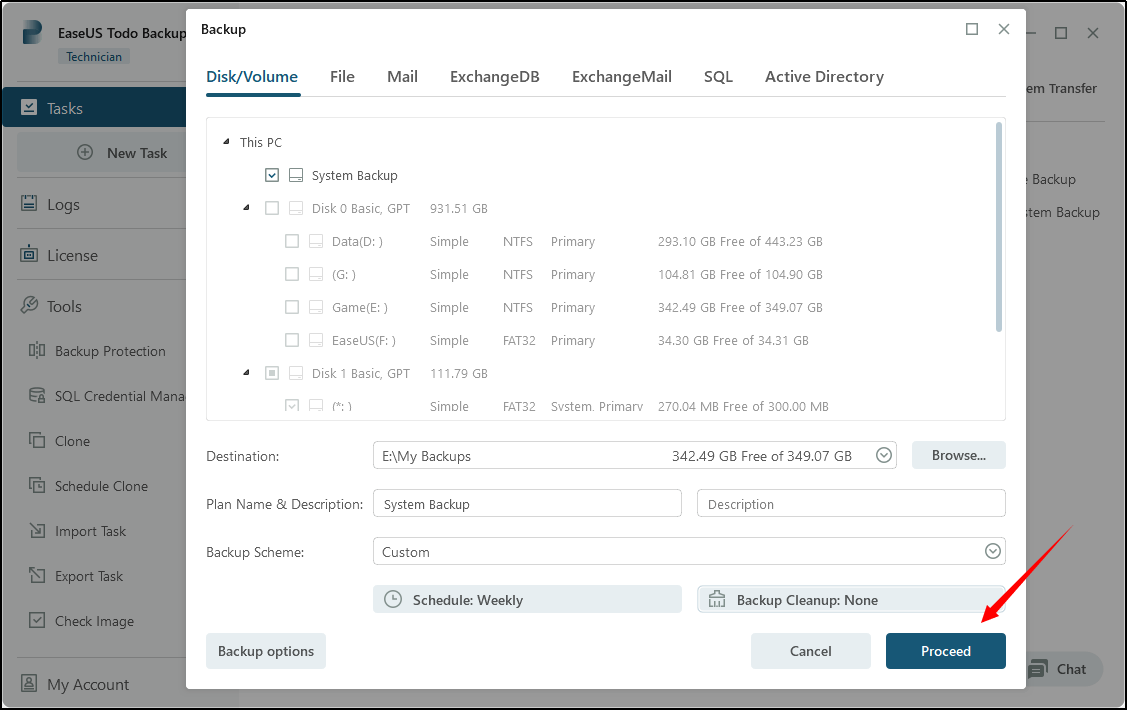 rozpocząć proces tworzenia kopii zapasowej