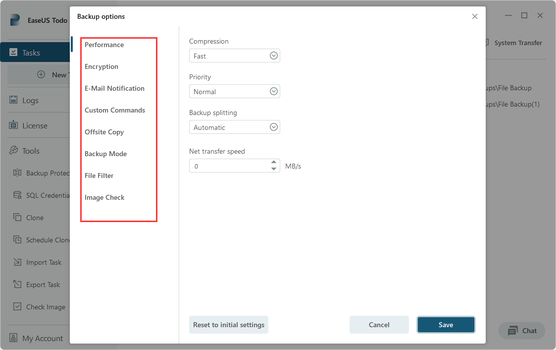 opção de backup em todo backup