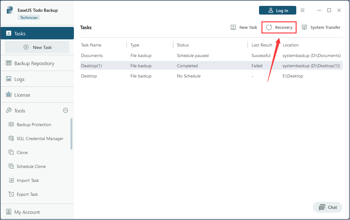 użyj kopii zapasowej Easyus Todo, aby przywrócić bazę danych mssql