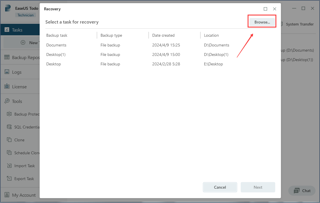 zlokalizuj plik kopii zapasowej bazy danych mssql i przywróć go
