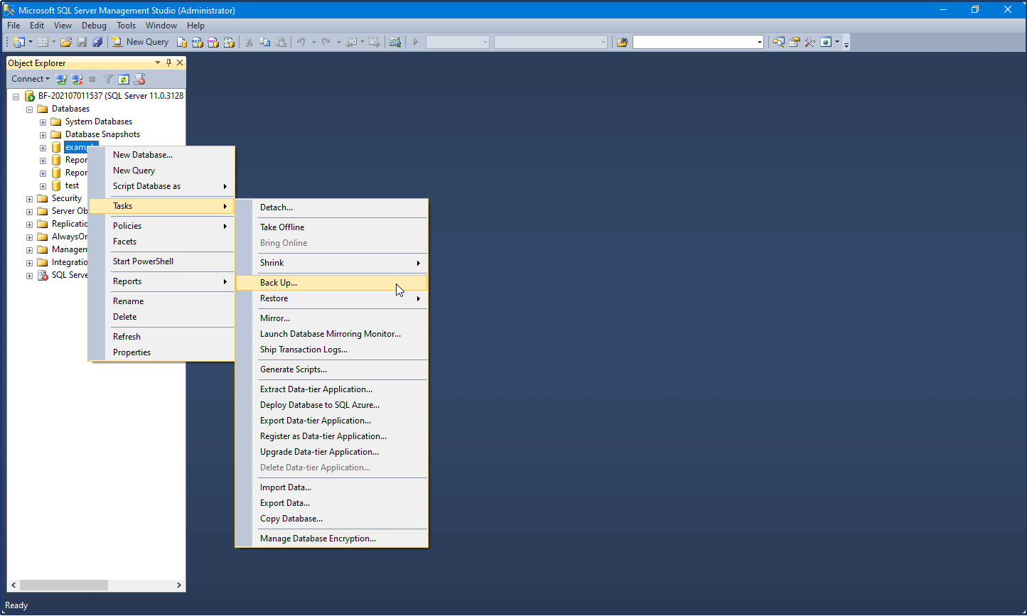 work with microsoft sql server management studio to back up sql server