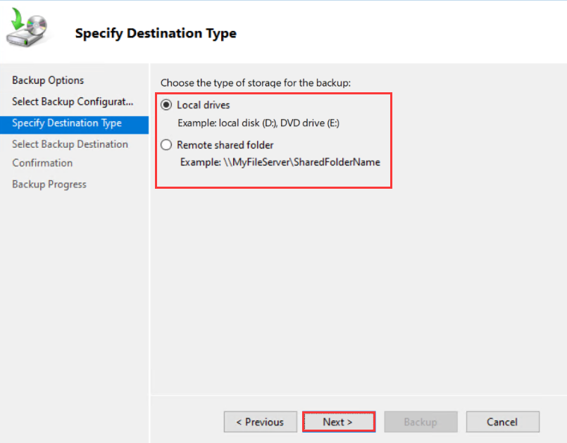 backup destination in configuration