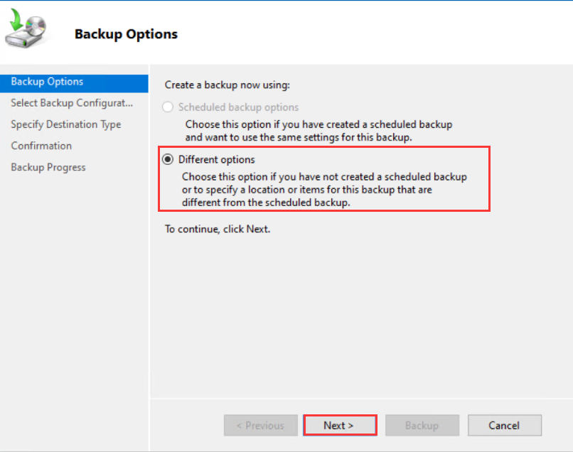 choose different options in backup options