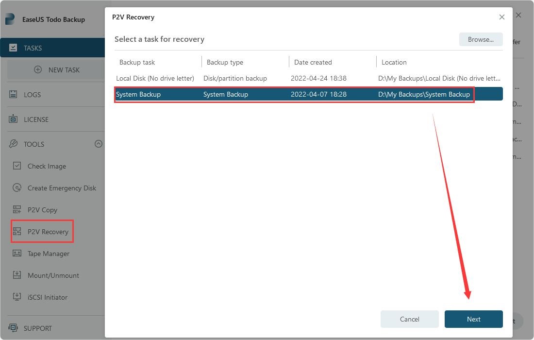 EaseUS Todo Backup P2V Recovery