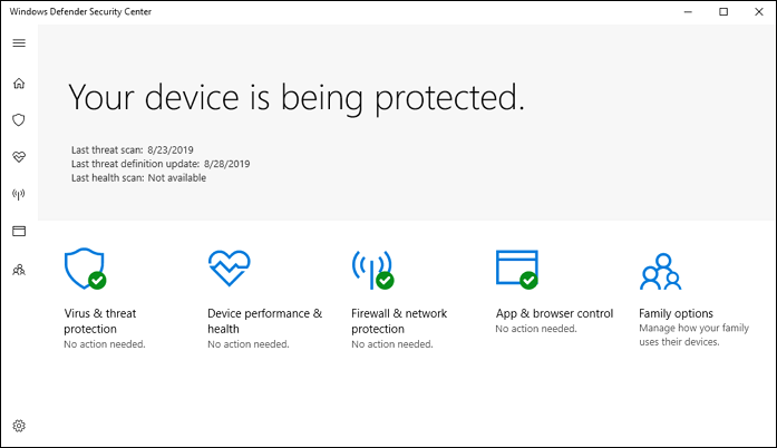 interfejs programu Windows Defender