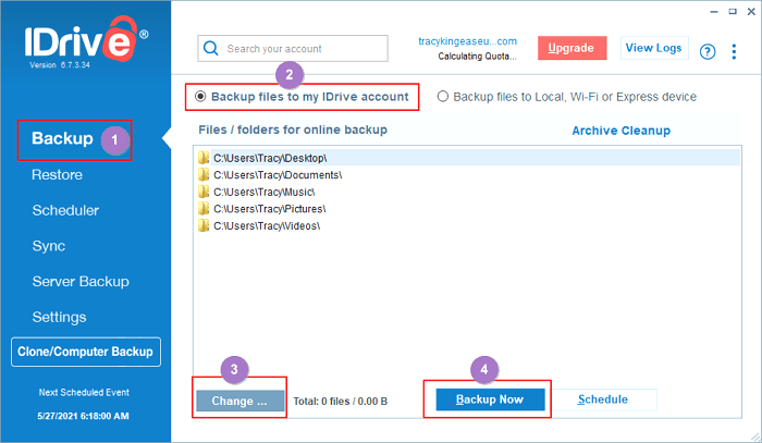 IDriveにバックアップする内容を選択