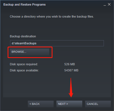 select the backup destination
