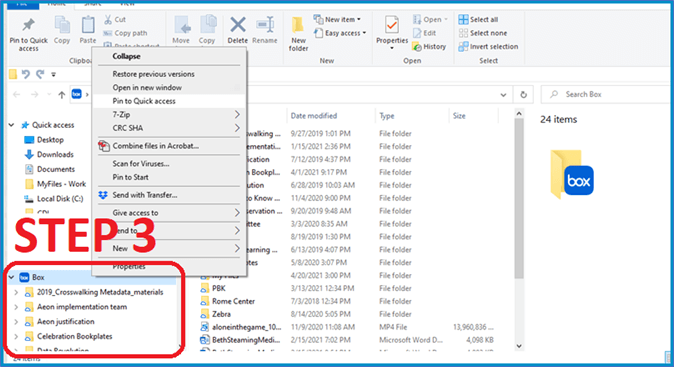 Box-Ordner und kopieren Sie die Daten dorthin