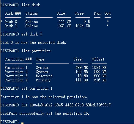 Delete EFI system partition with Diskpart command line.