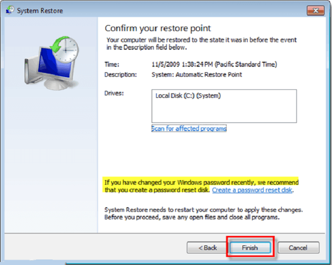 czas i opis punktu przywracania