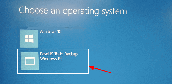 Selecione para inicializar a partir do EaseUS Todo Backup