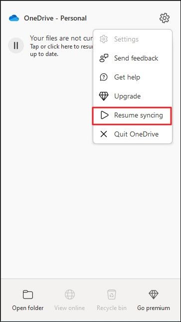 resume onedrive syncing process