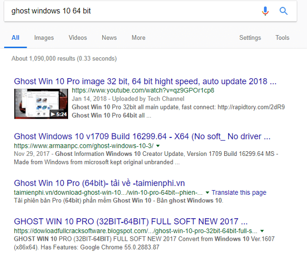 Searching result of ghost Windows 10 64 bit.
