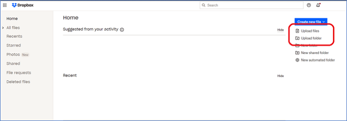 przesłać pliki lub foldery