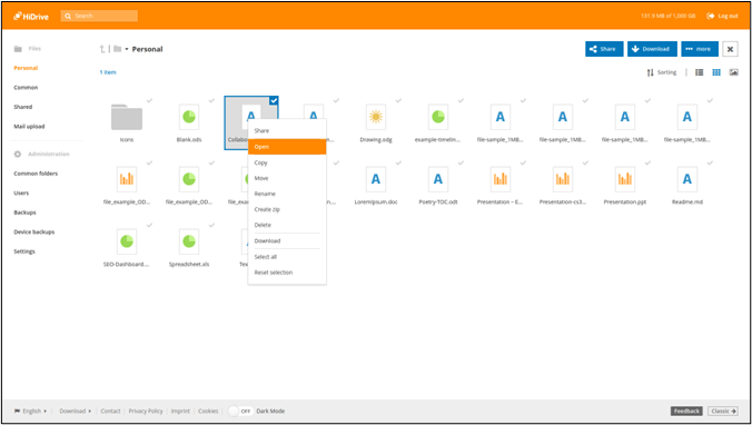 wykonać kopię zapasową danych do hidrive