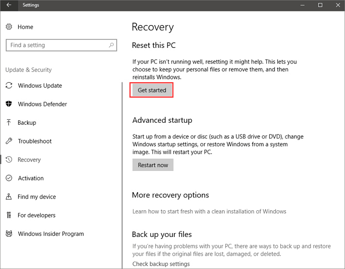 אפס את Windwos 10 כדי להתקין מחדש את Windows 10 ללא CD