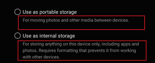 detailed information about setup as portable storage and setup as internal storage