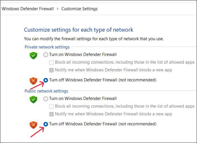 wyłącz zaporę systemu Windows Defender