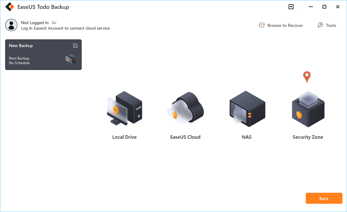 Selecione Zona de Segurança como Localização de Backup