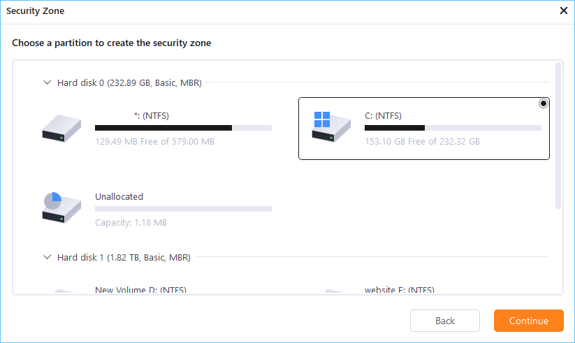 Wybierz partycję, aby utworzyć strefę bezpieczeństwa