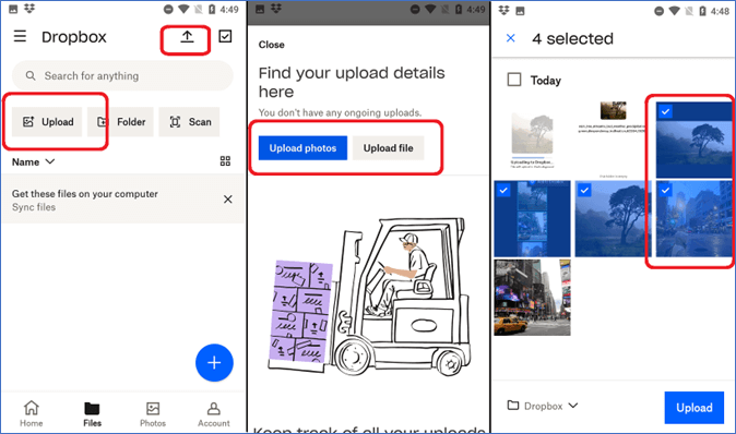 tik op uploaden om het uploaden te starten