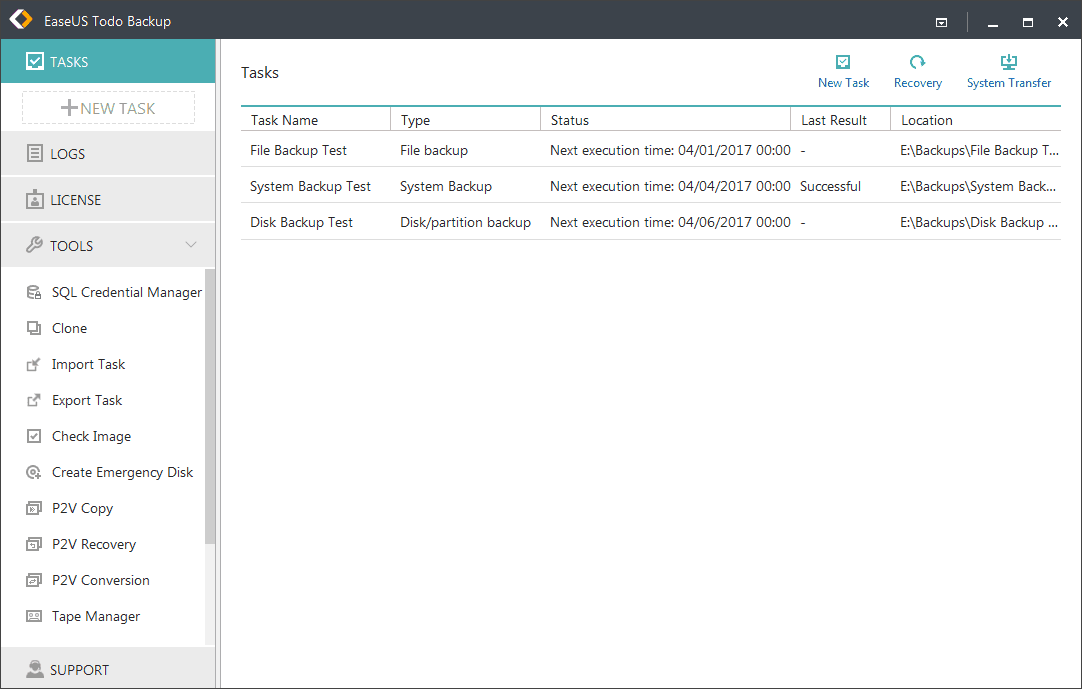 Main window of EaseUS backup software