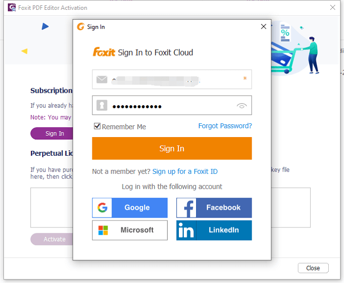 Proceso de inicio de sesión para activar el software