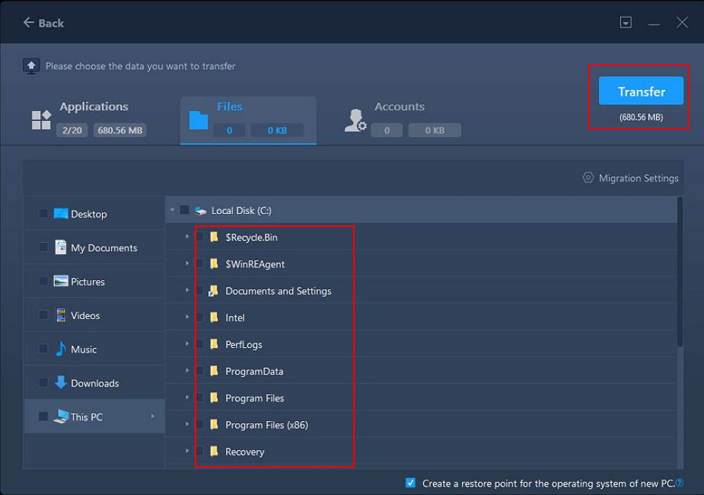 Select the applications and files to transfer