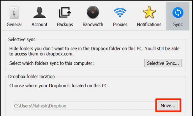 Clique em Sincronizar e selecione Mover