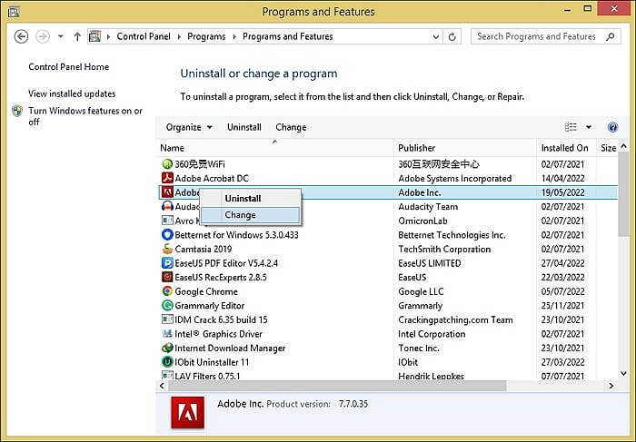 clique com o botão direito no programa e selecione alterar