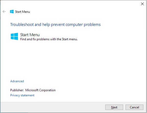 run start menu troubleshooter to fix the windows 10 start menu critical error