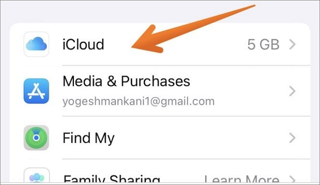 toque na opção icloud