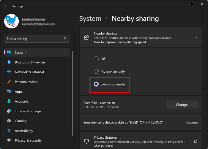 enable nearby sharing