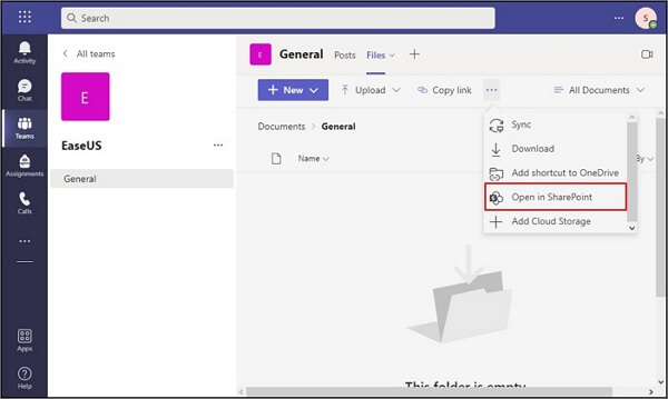 selecione a opção abrir no sharepoint