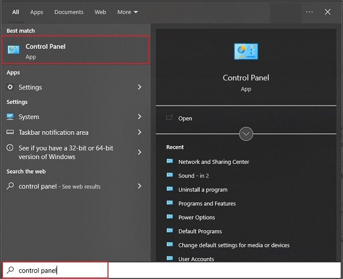 procure pelo painel de controle