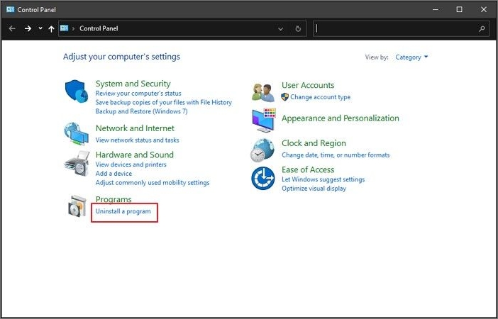 toque na opção desinstalar um programa