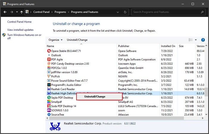 desinstalar drivers realtek