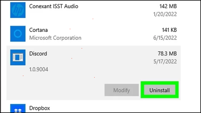 botão desinstalar discord