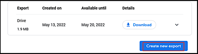 criar nova exportação no Google Takeout