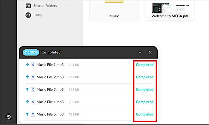 mega cargará los archivos y notificará