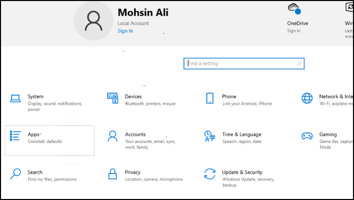 aplicativo de configurações do Windows