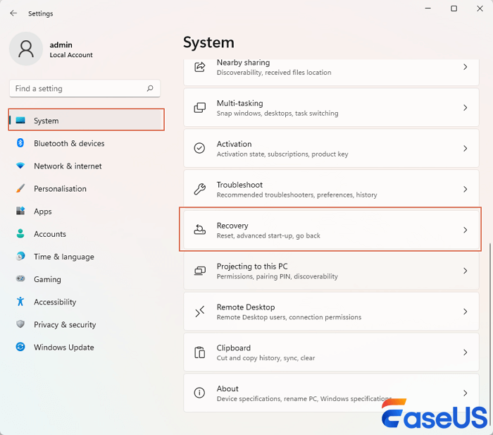 Wählen Sie System und klicken Sie dann auf Wiederherstellung