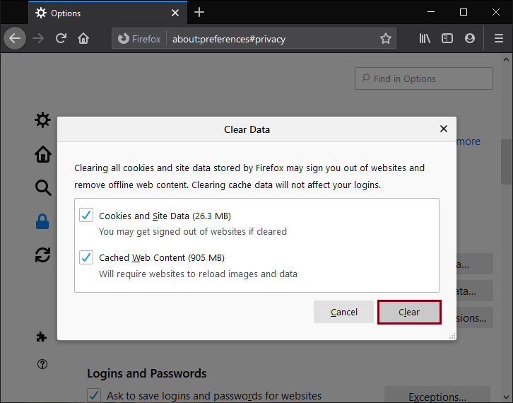 清理 mozilla Firefox 中的緩存