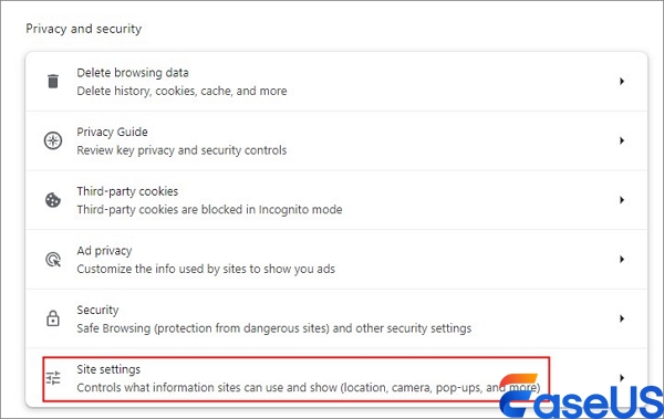 Klicken Sie auf Website-Einstellungen unter Datenschutz und Sicherheit