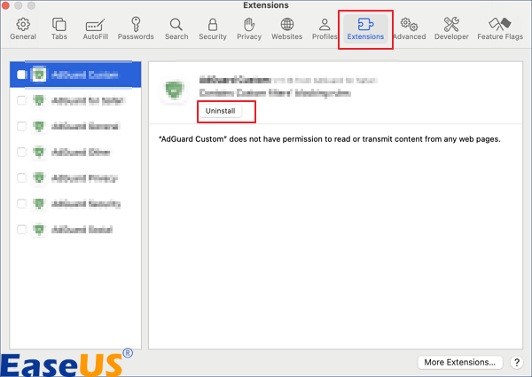 desabilitar extensão no safari