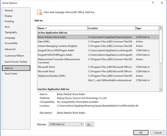 Word-Add-Ins deaktivieren