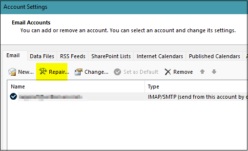 clique na opção de reparo