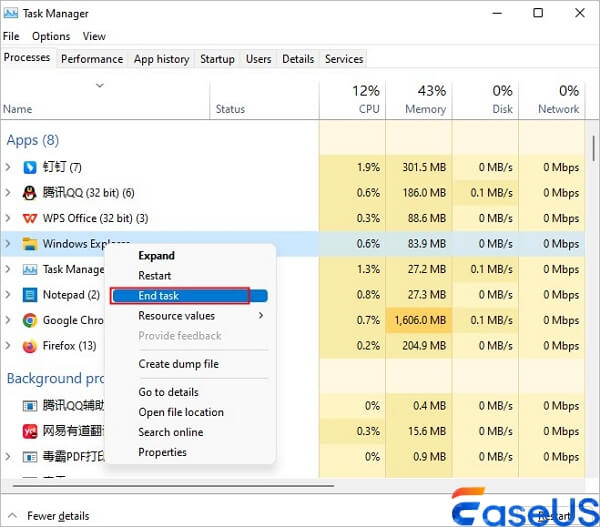 Wählen Sie im Windows-Explorer Aufgabe beenden