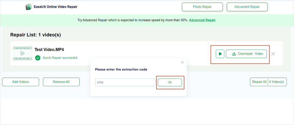 Enter extraction code, download the repaired video